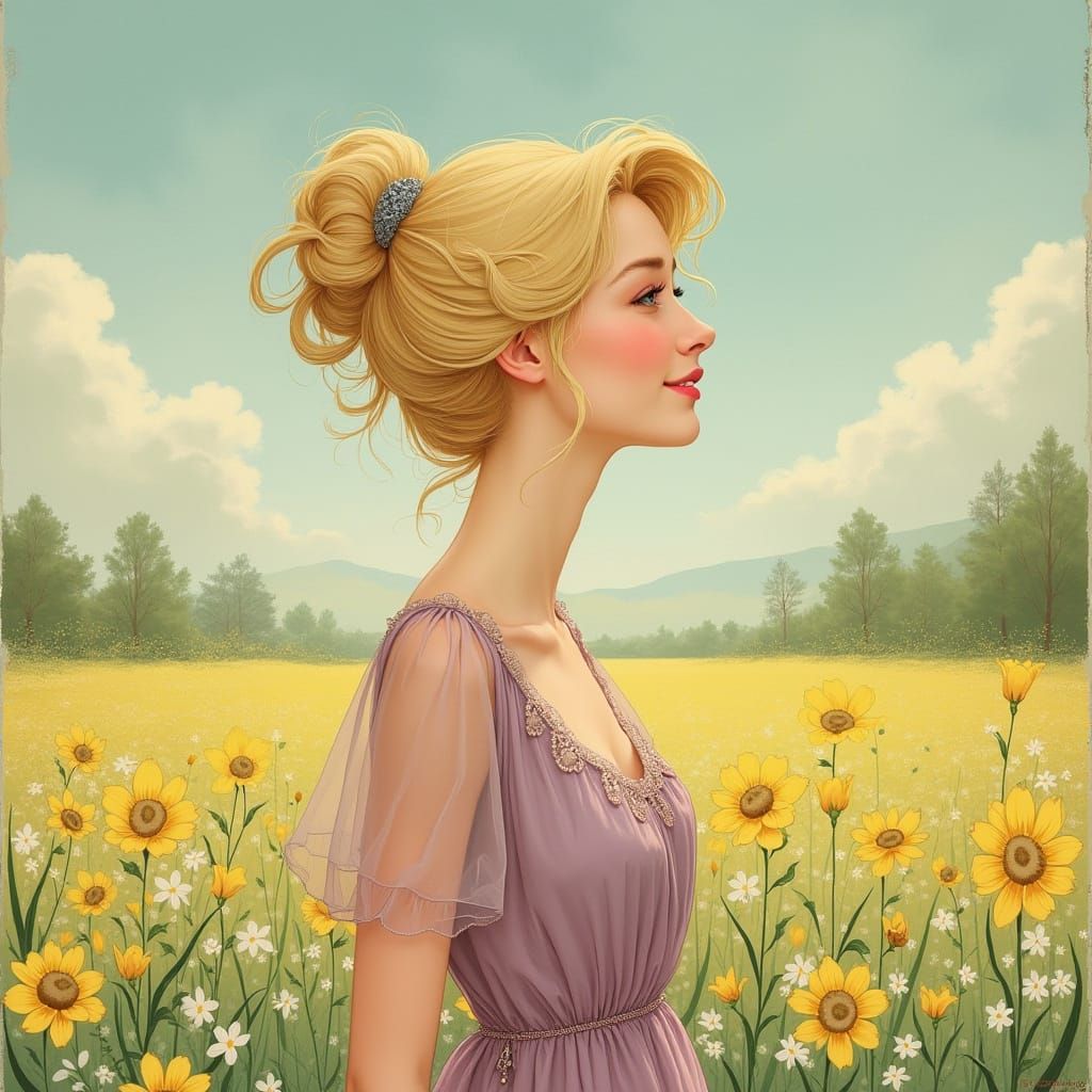 Smiling Woman in Spring Meadow, Art Nouveau Style