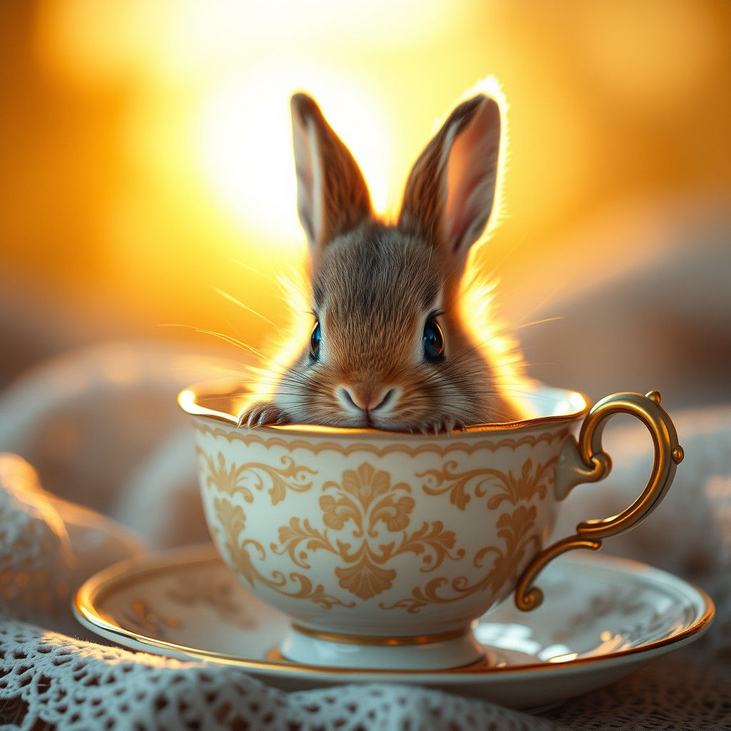 Baby Bunny in Teacup: Fantasy Art at Dawn