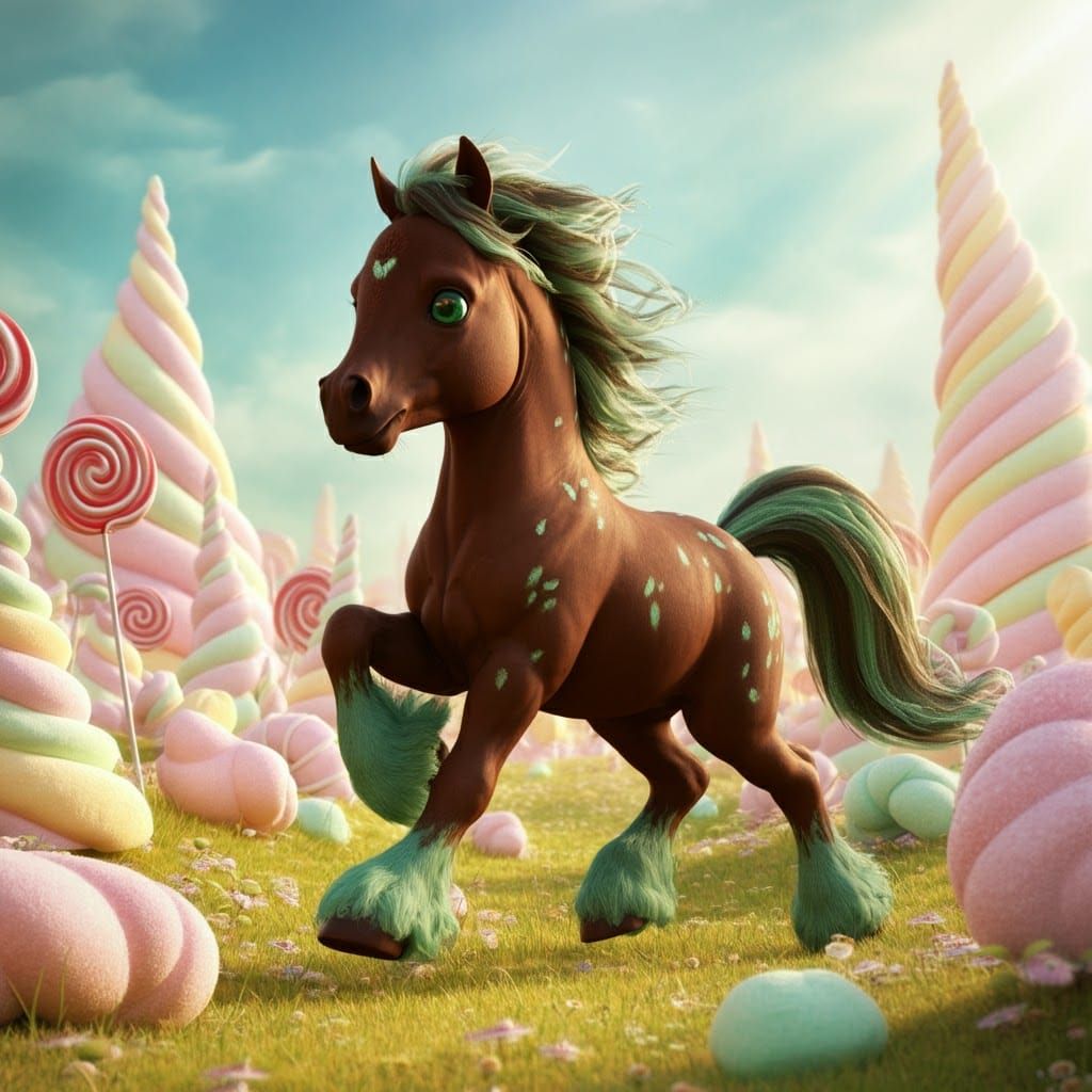 Cute Chocolate-Mint Pony in Candyland: CGI Fantasy