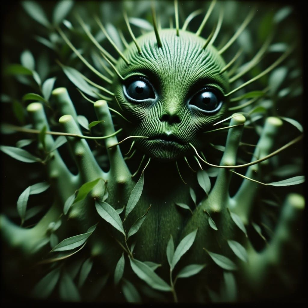 Fauna Humanoid Peering Through Alien Forest