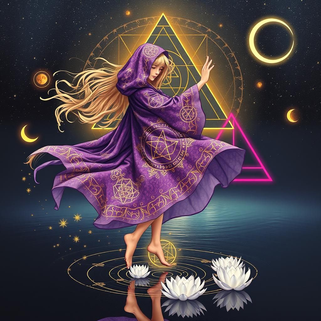 Blond Mage Dancing with Alchemical Symbols