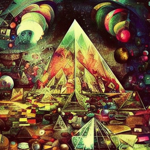 Haunted Pyramid with Glass Spheres, Surrealist Painting