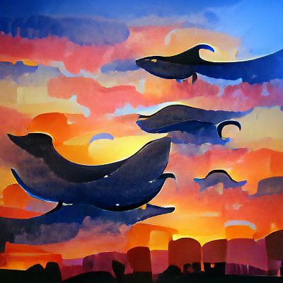 Sunset Sky Whales in Gouache Style