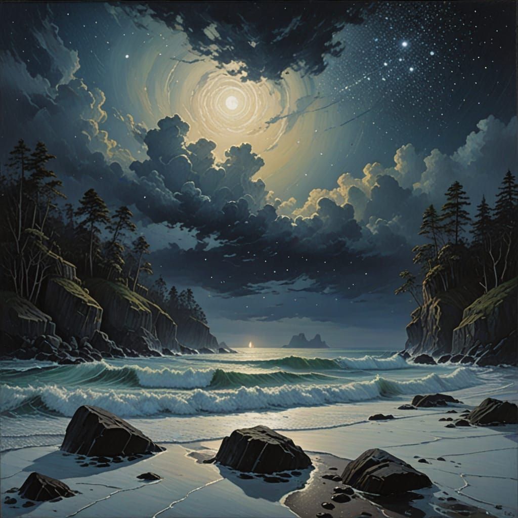 Starlit Frosty Night Over Stormy Sea Oil Painting