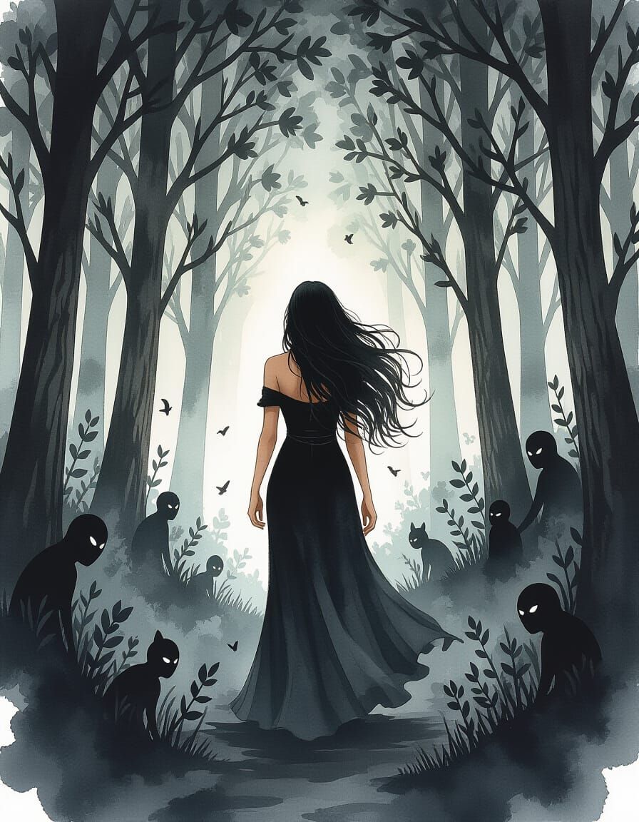 Dark Fantasy Woman in a Melancholy Forest