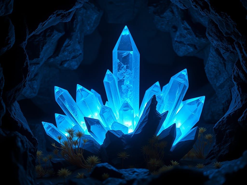 Vibrant Blue Crystals in a Dark Cave Setting