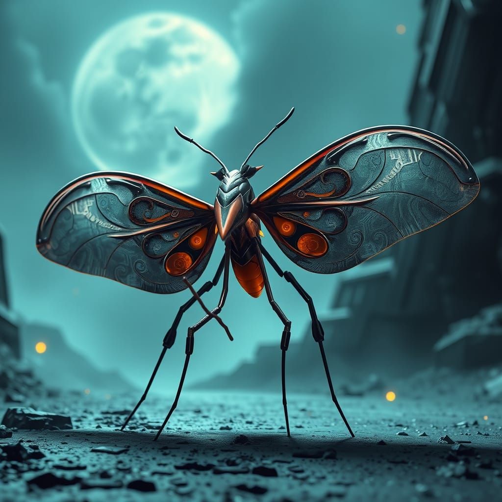 A sleek, stylized lunar moth with elongated limbs and delicate wing patterns. intricate mech details, ground level shot,...