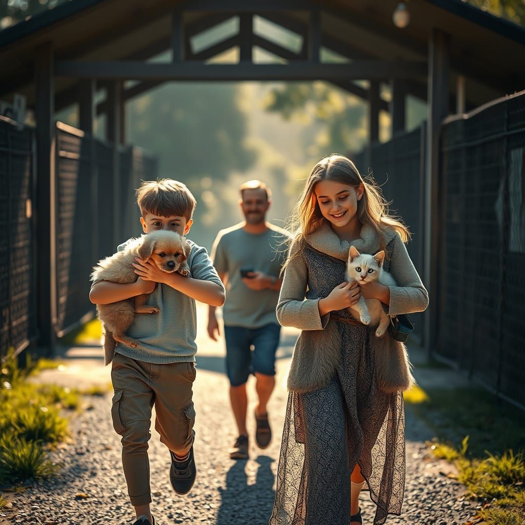 Happy Family Adopts Puppy and Kitten