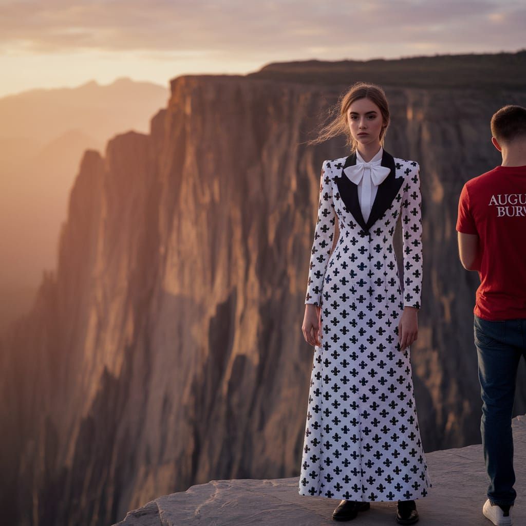 Elegant Woman Stands on Cliff's Edge in Golden Light