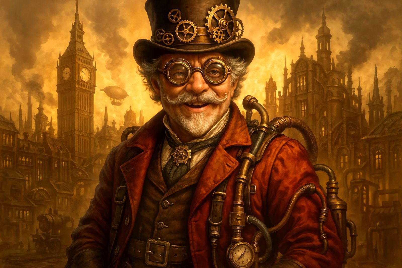 Steampunk Engineer Portrait with Gear-Adorned Top Hat