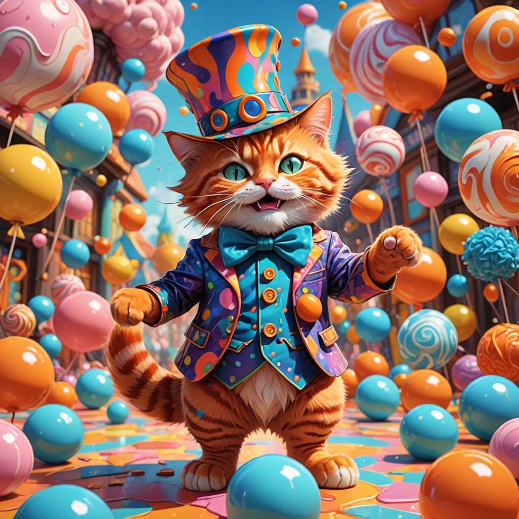 Whimsical Orange Cat Jester in a Hyperrealistic Digital Wond...