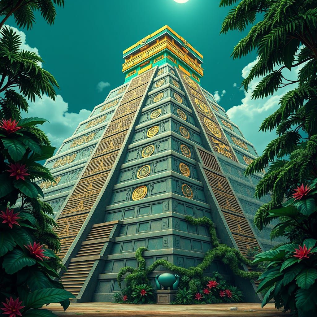 Ancient Aztec Pyramid Rises in Vibrant Jungle Landscape, Ani...