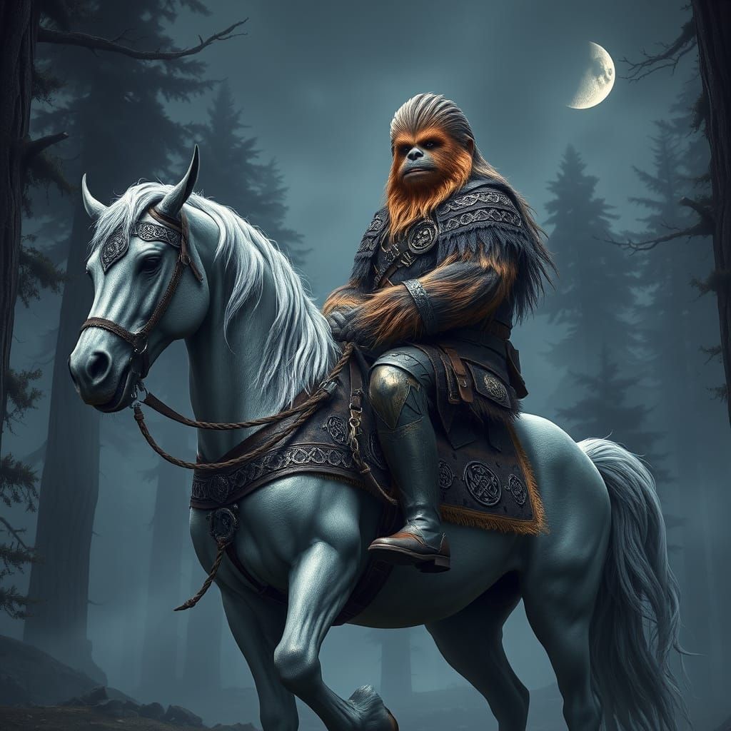Medieval Wookiee Rides into Mythic Forest