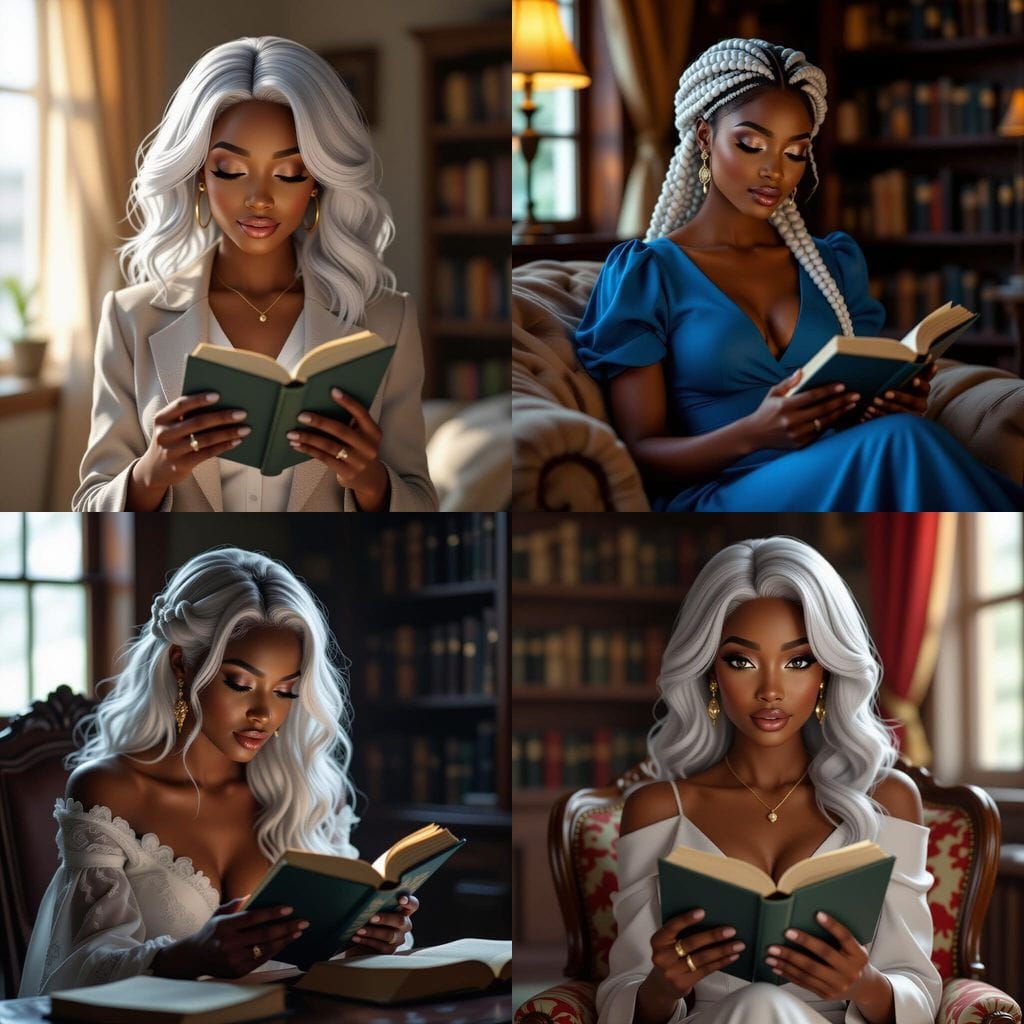 Beautiful African Woman Reading Book in Room, Animated Style