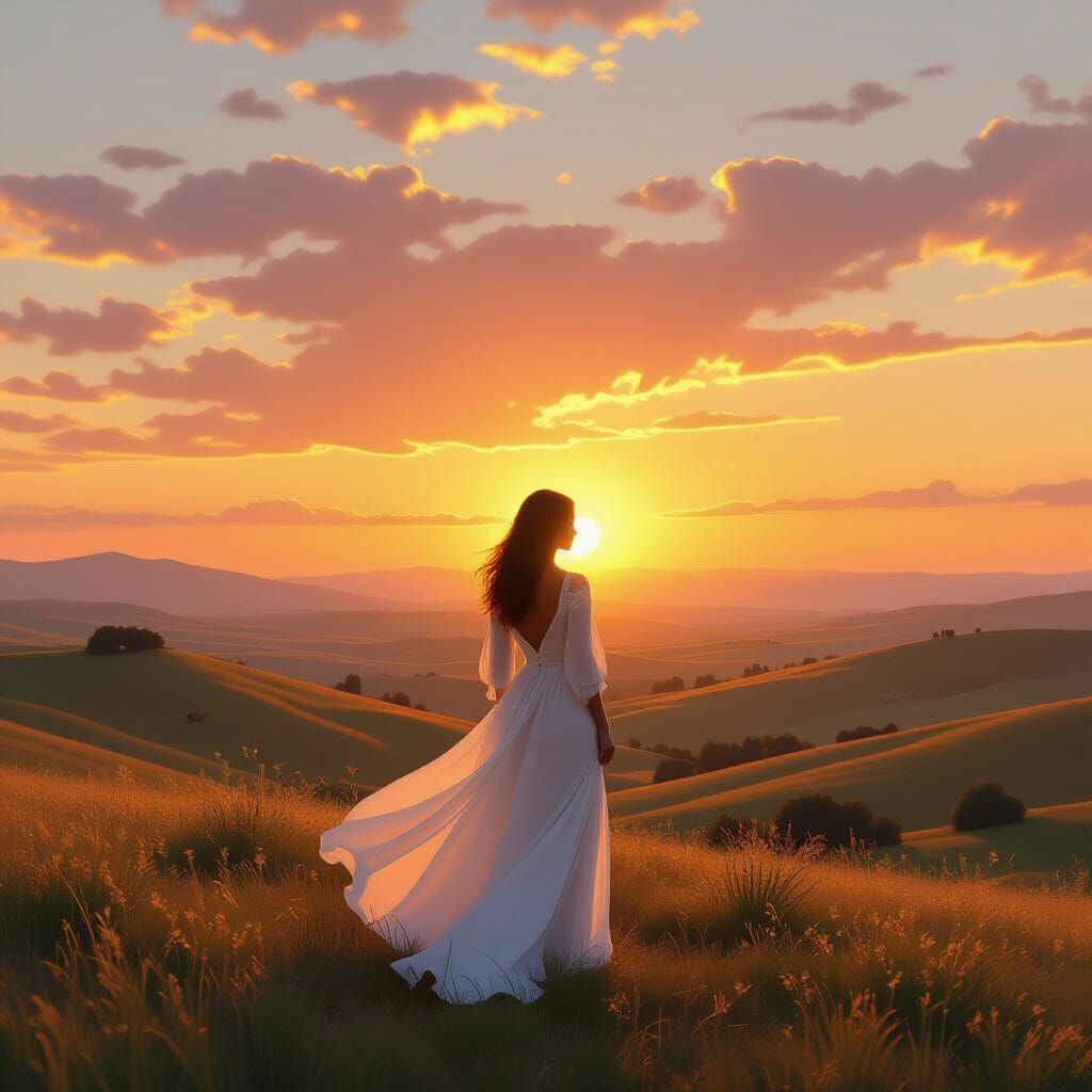 Woman Gazing at Sunset Landscape in Classical Painting Style