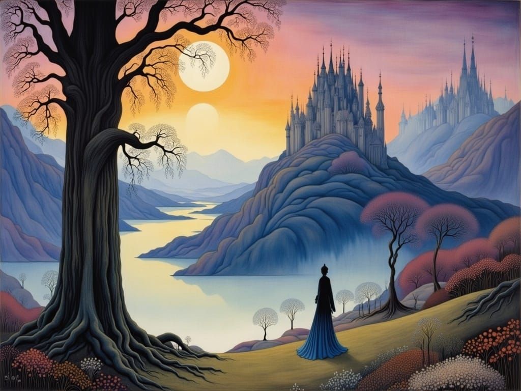 Mystical Woman in Enchanted Twilight Landscape