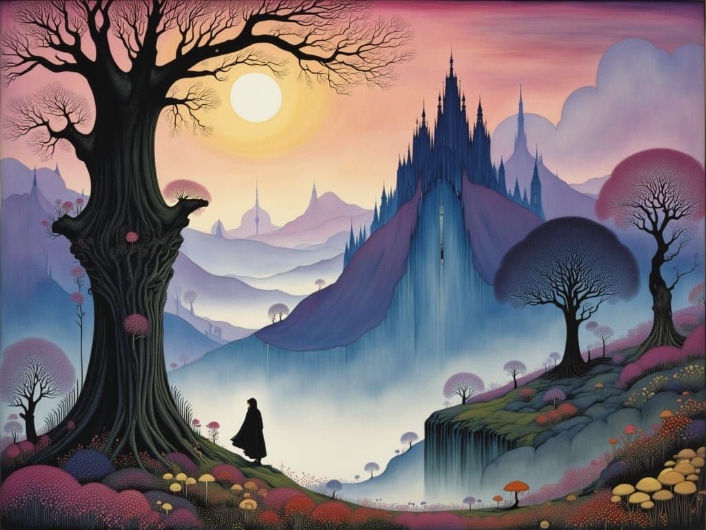 Mystical Woman in Twilight Valley, Moody Atmospheric Landsca...