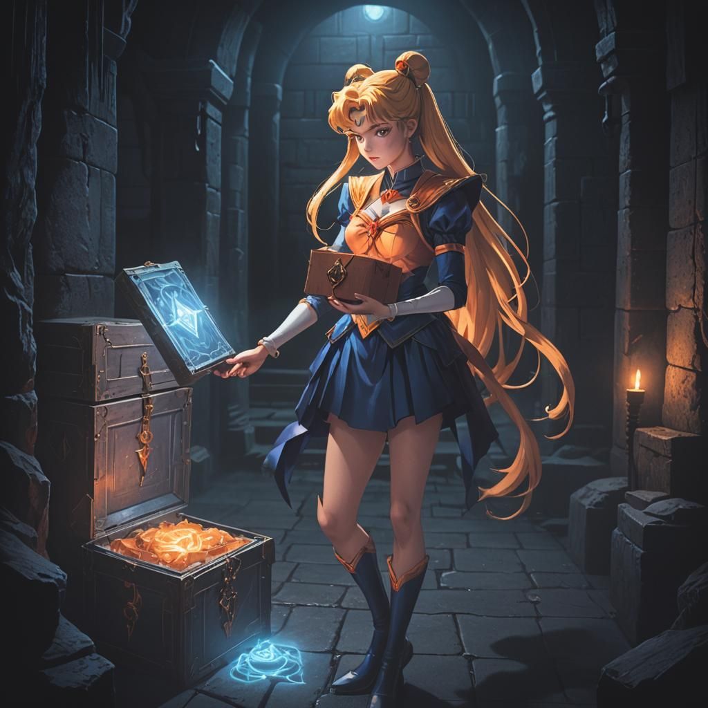 Sailor Moon and the Mimic Box in Dark Fantasy Art