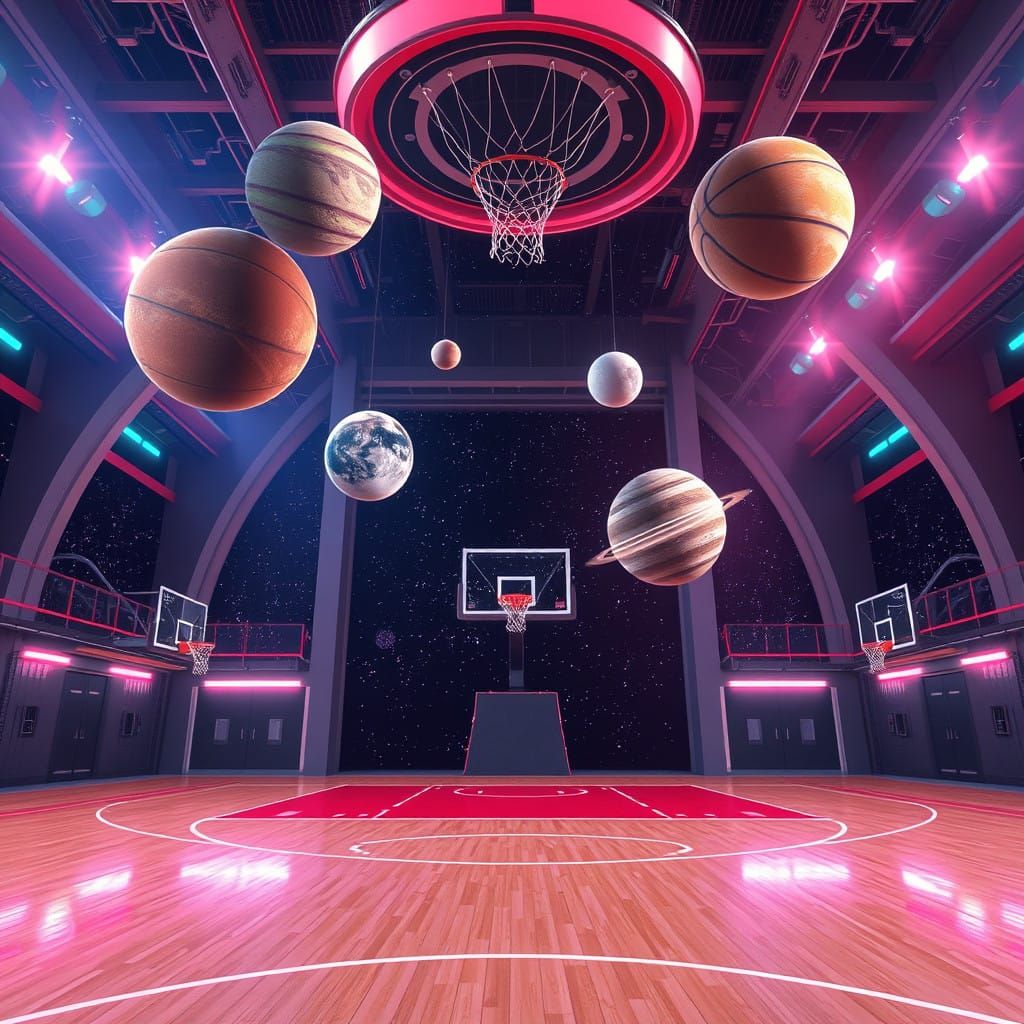 Futuristic Cosmic Basketball Court with Bouncing Planets
