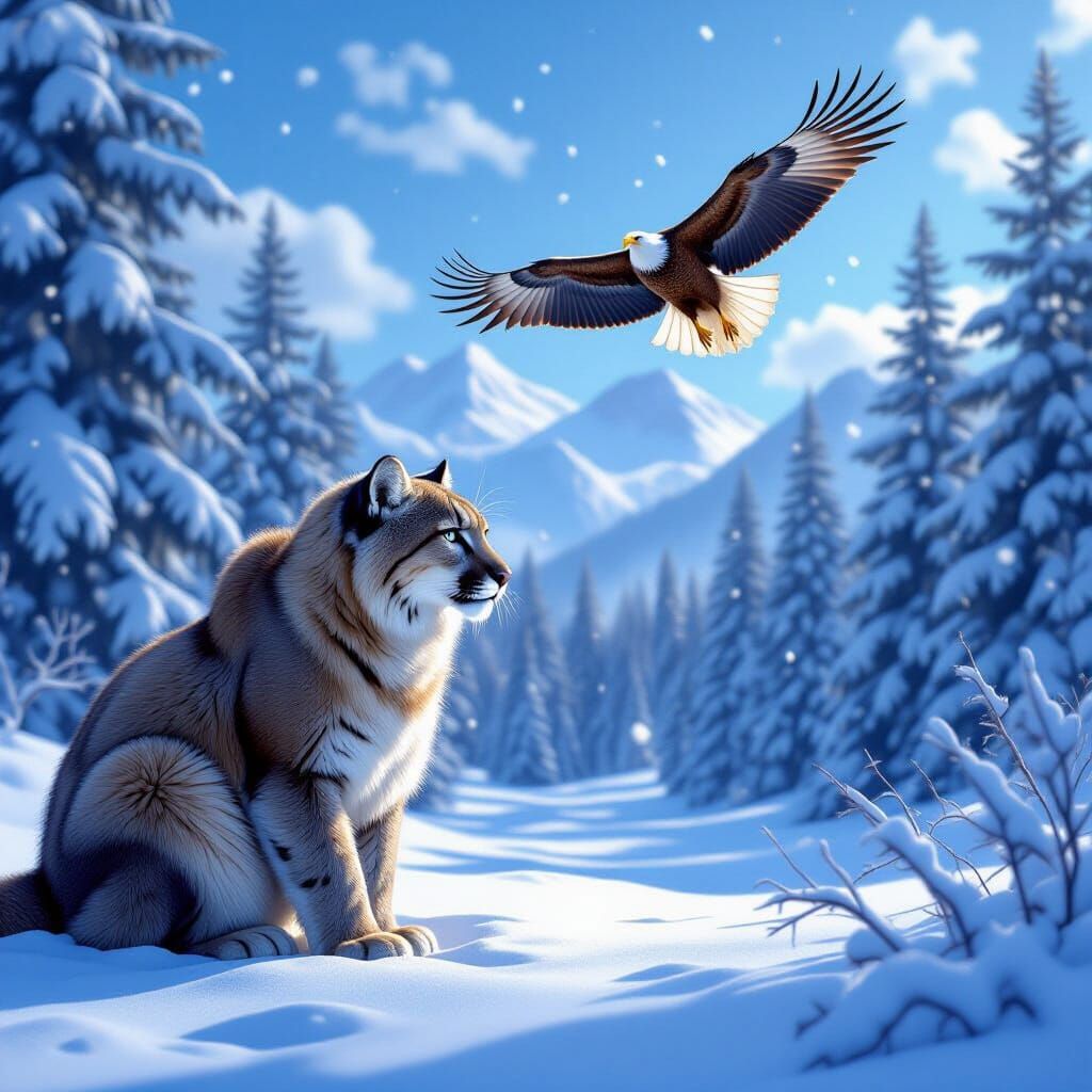 Mountain Lion Hunting Eagle in Snowy Forest, Hyperrealistic