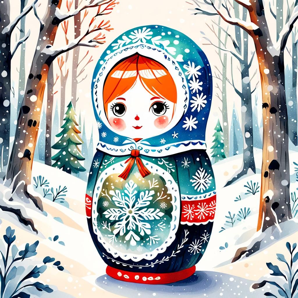 Winter Matryoshka Doll with Kokoshnik: Watercolor Cartoon