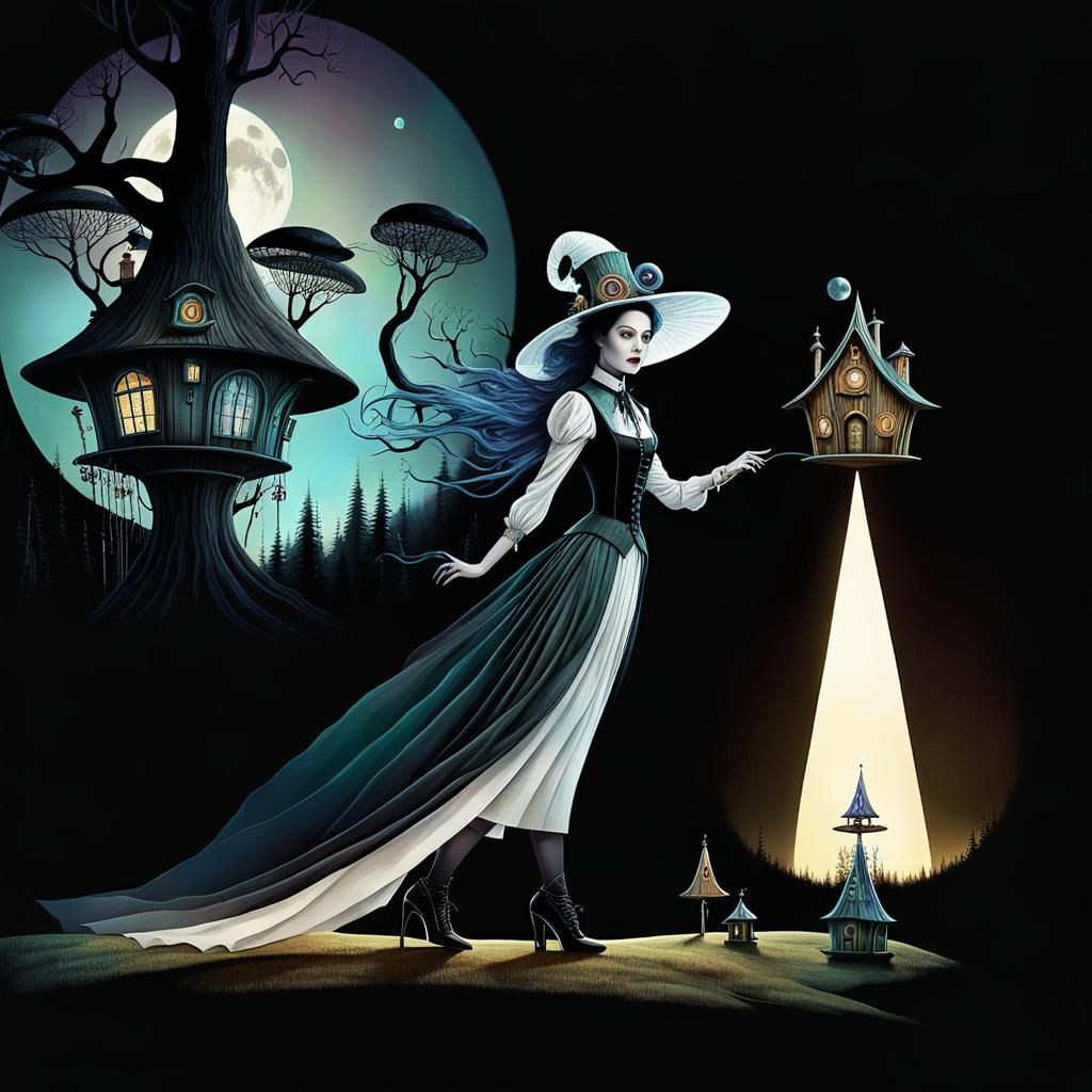 Neo-Victorian Woman in Surreal Autumn Treehouse Village