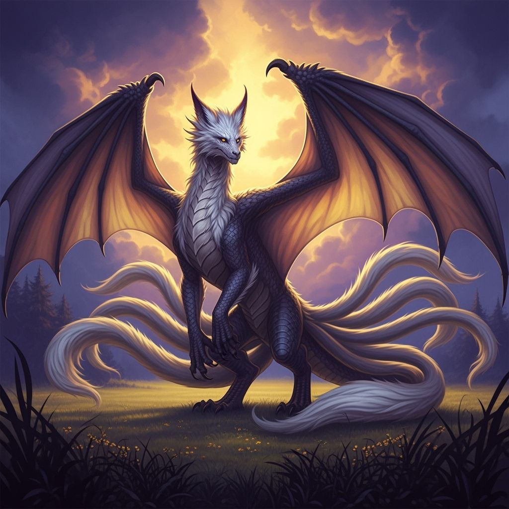 Majestic Dragon-Fox Hybrid in Dark Fantasy Style