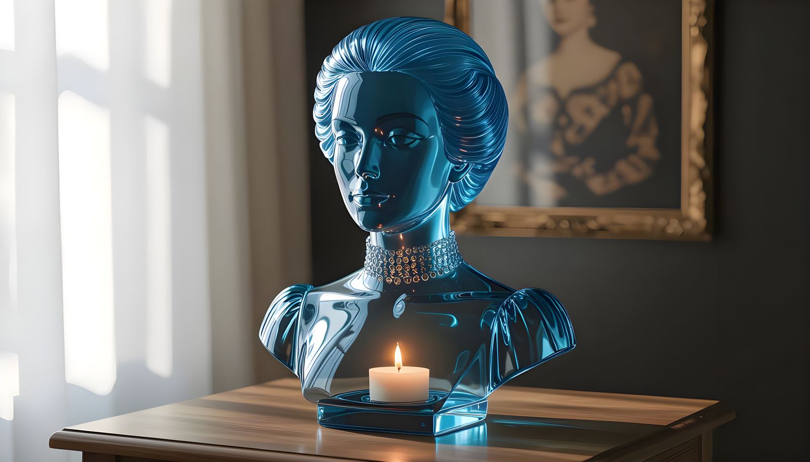 Glass Woman Bust with Candlelight: Hyperrealistic Portrait