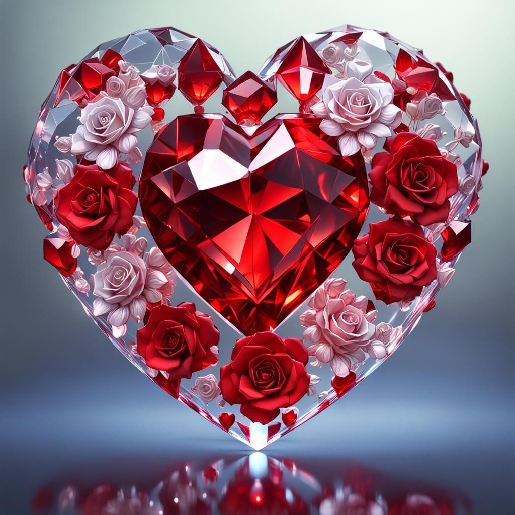 Ethereal Crystal Heart with Delicate Roses