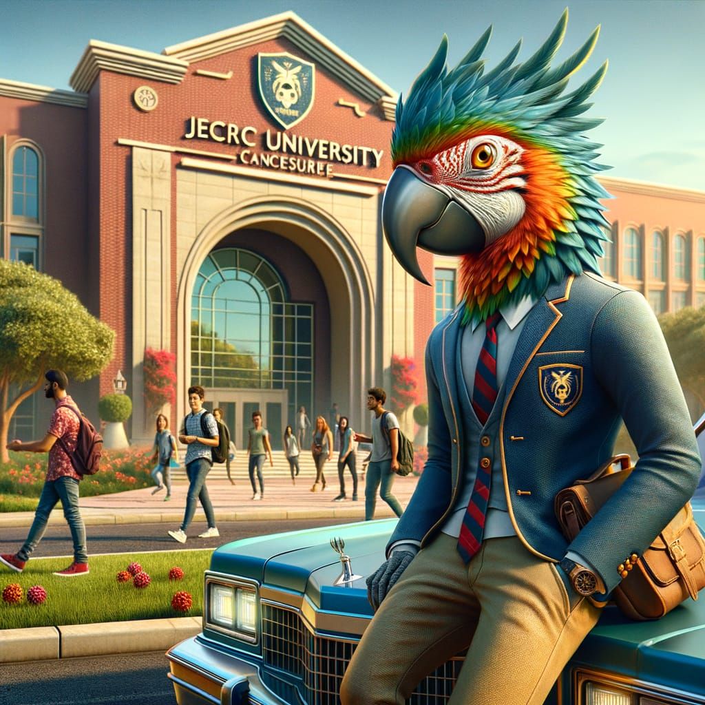 Anthropomorphic Parrot Student in Detailed Matte Painting