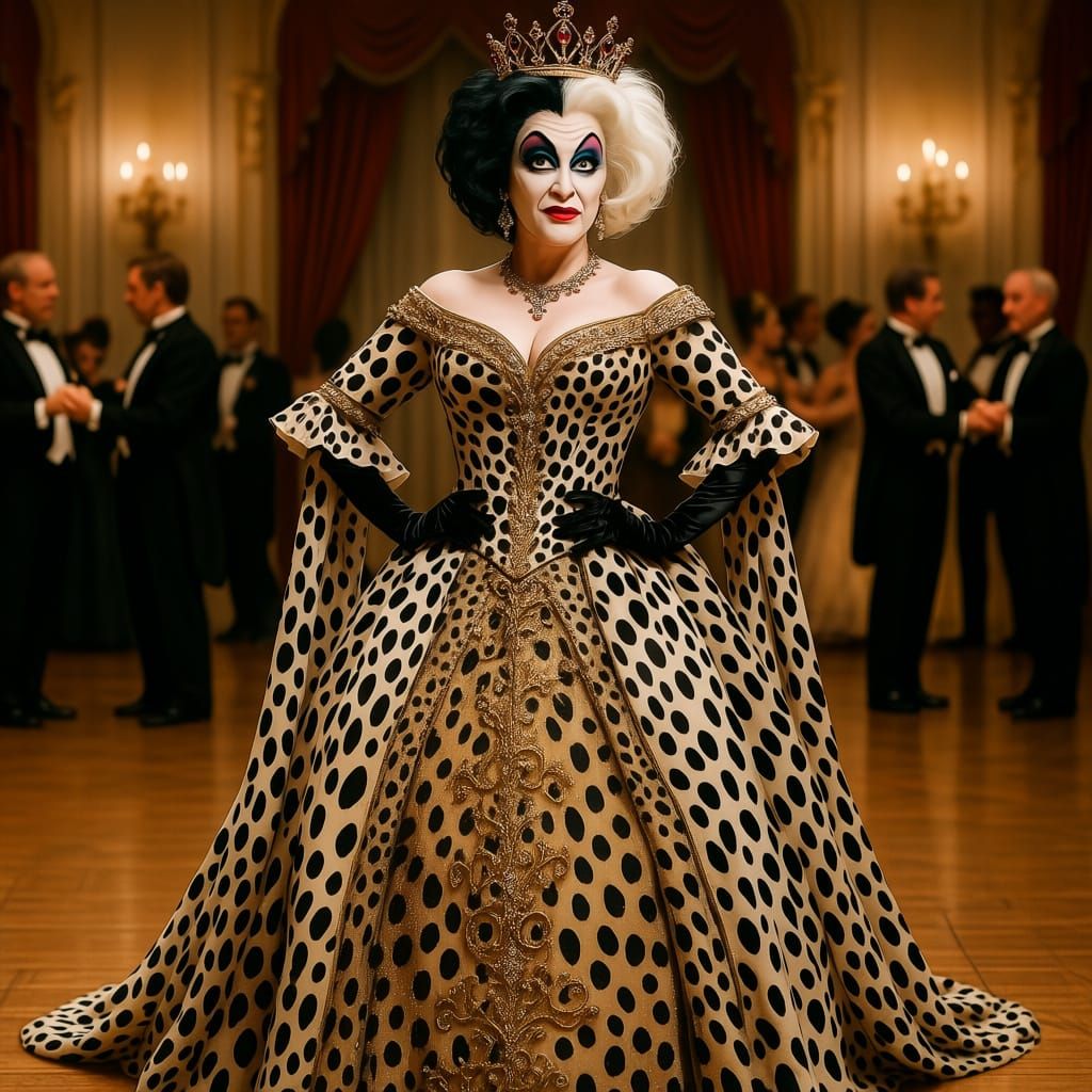 Cruella Deville in Spotted Ball Gown in Ballroom