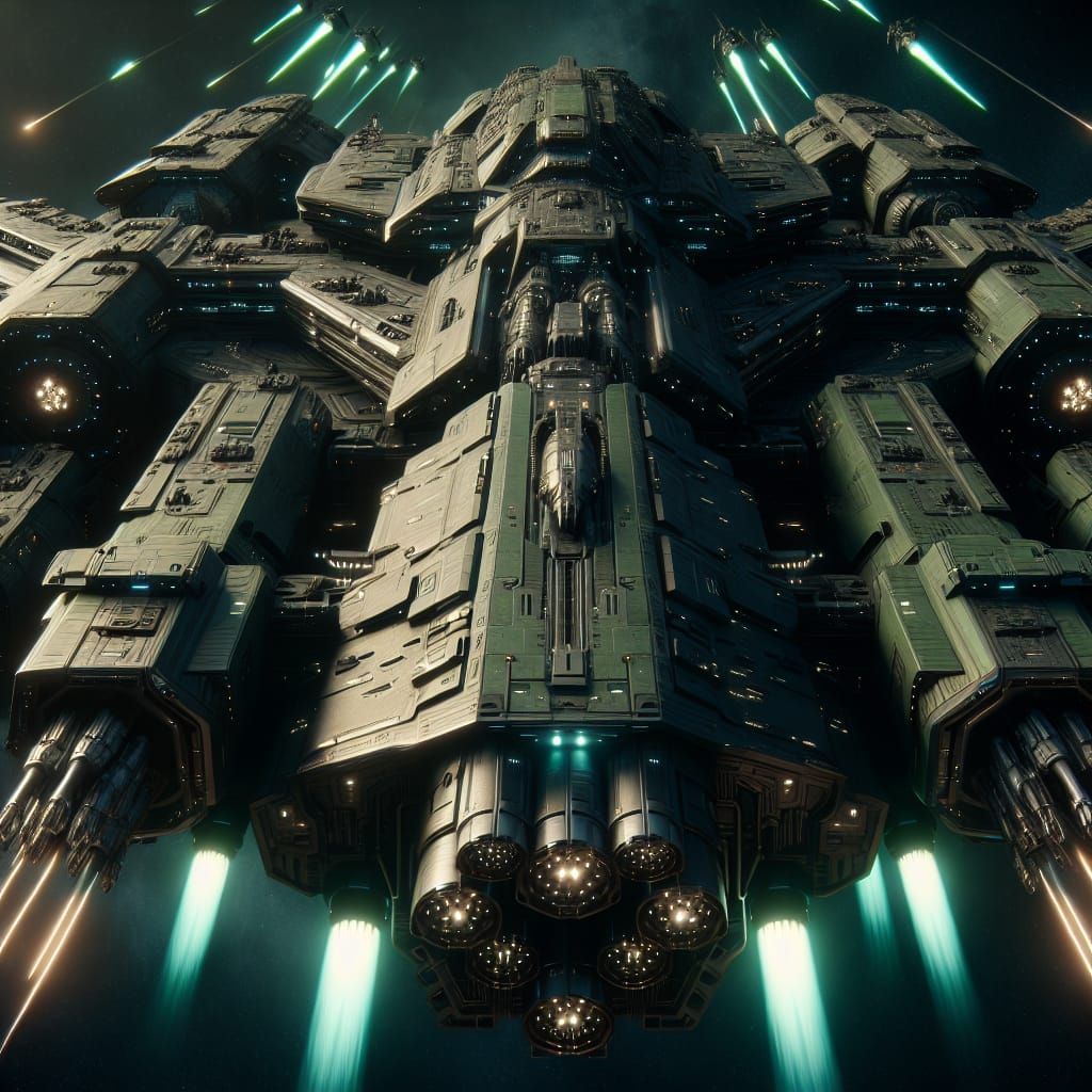 Massive Dark Green Spaceship Looms in Deep Space