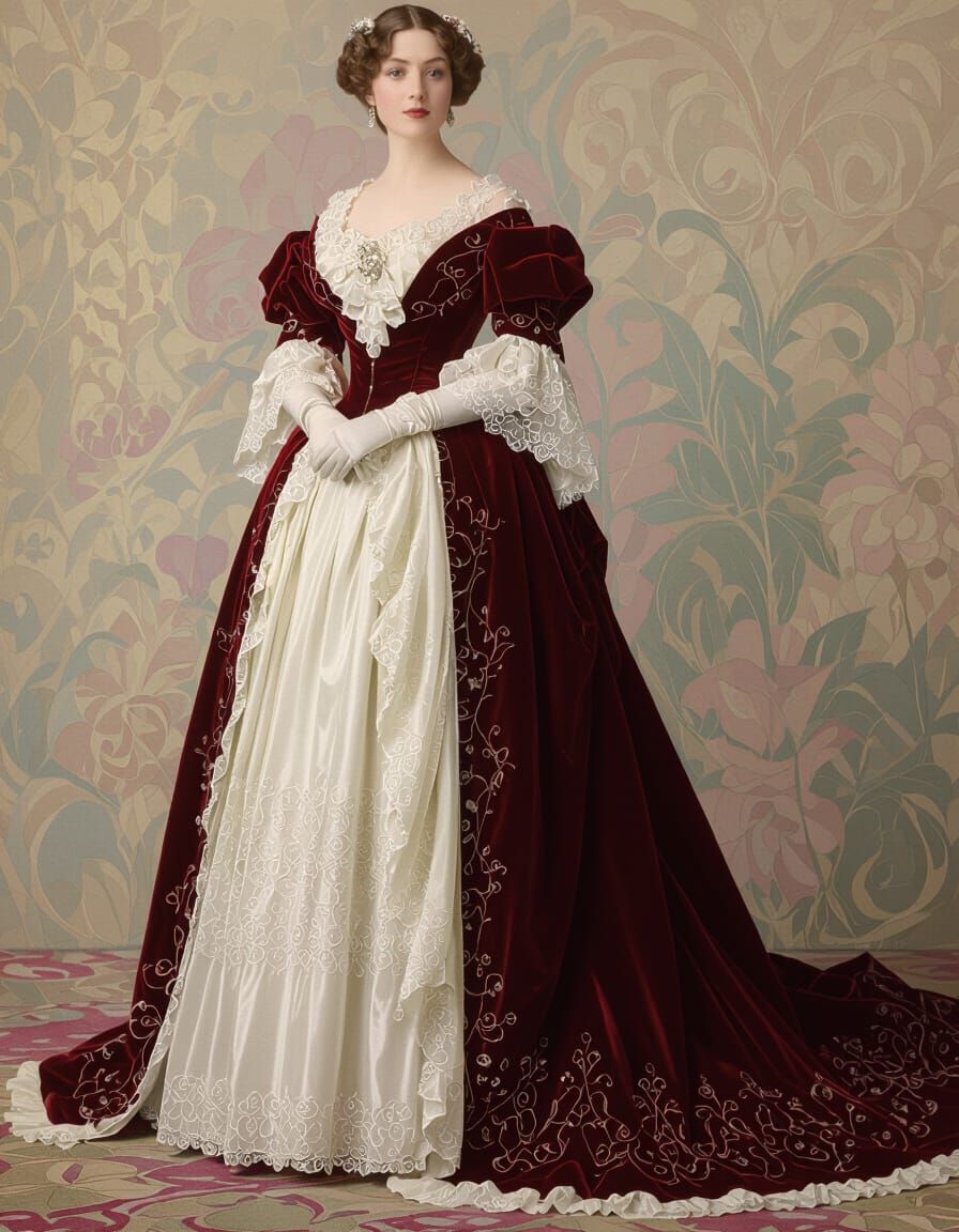 Elegant 19th-Century Gown with Lace and Velvet