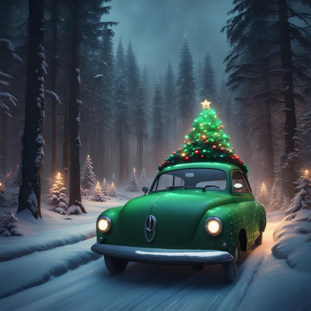 Christmas Car Drives Through Winter Forest, Matte Painting