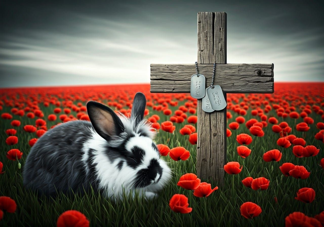 Rabbit Sleeps by Cross in Poppy Field