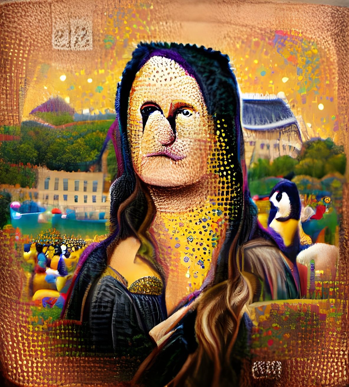 Surprised Mona Lisa in Pointillism Style