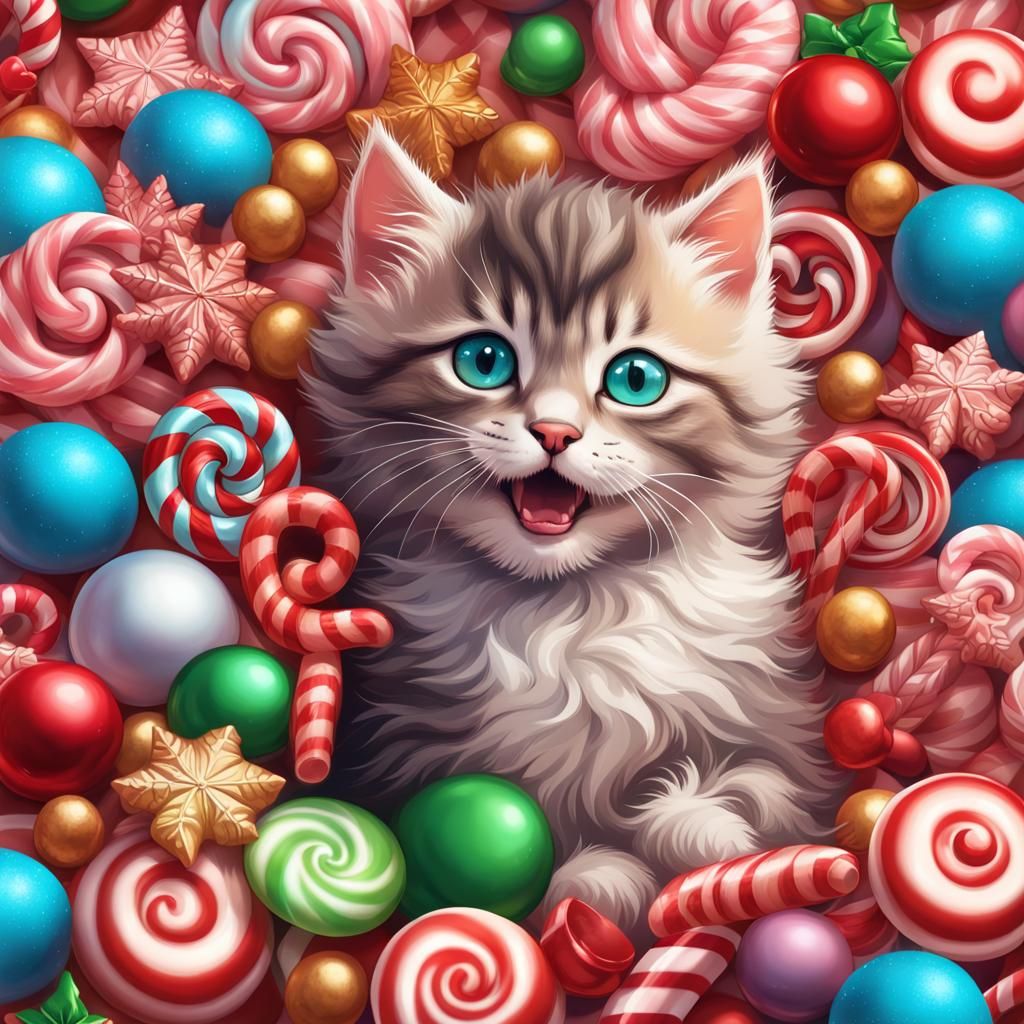 Kitten Surrounded by Colorful Christmas Candy in Candy Art S...