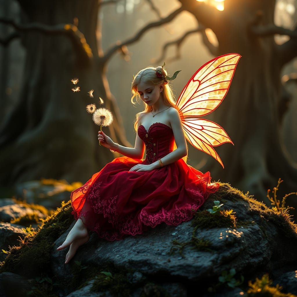 Fairy with Dandelion Seedhead in Misty Forest