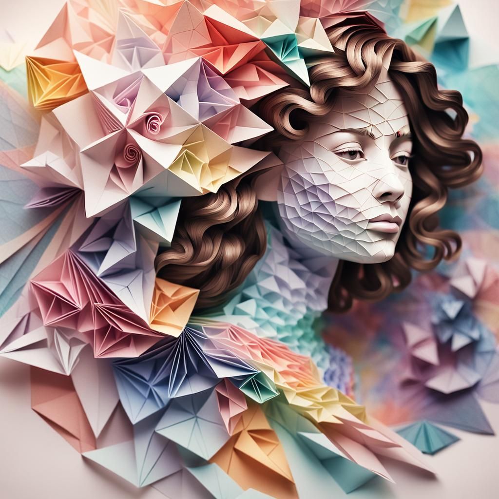 Origami Woman: Fractal Papercraft Portrait in Watercolor