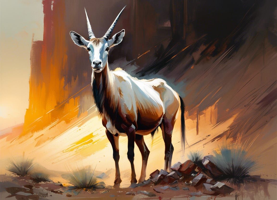 Oryx Antelope in Desert Sunrise: Oil Painting