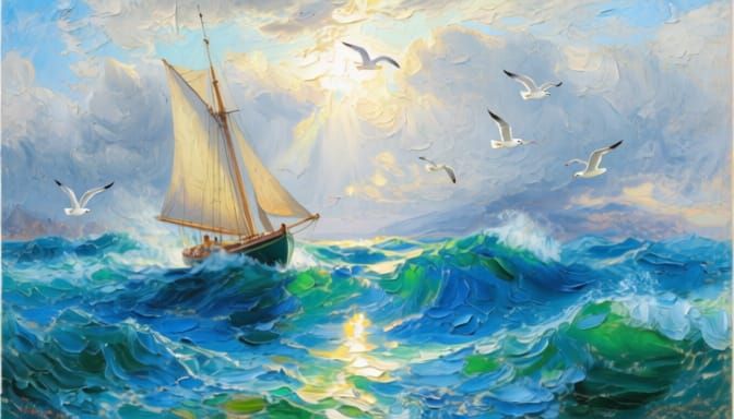Dramatic Oil Painting of Sailboat on Turbulent Seas