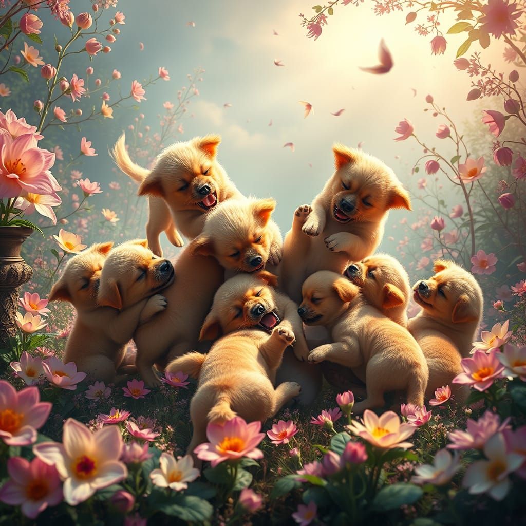 Joyful Puppies in Vibrant Fantasy Landscape