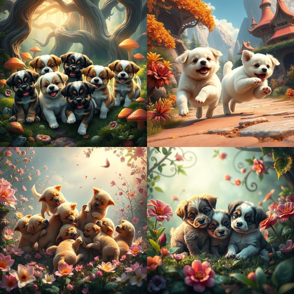 Fantastical Puppies in Vibrant Matte Painting