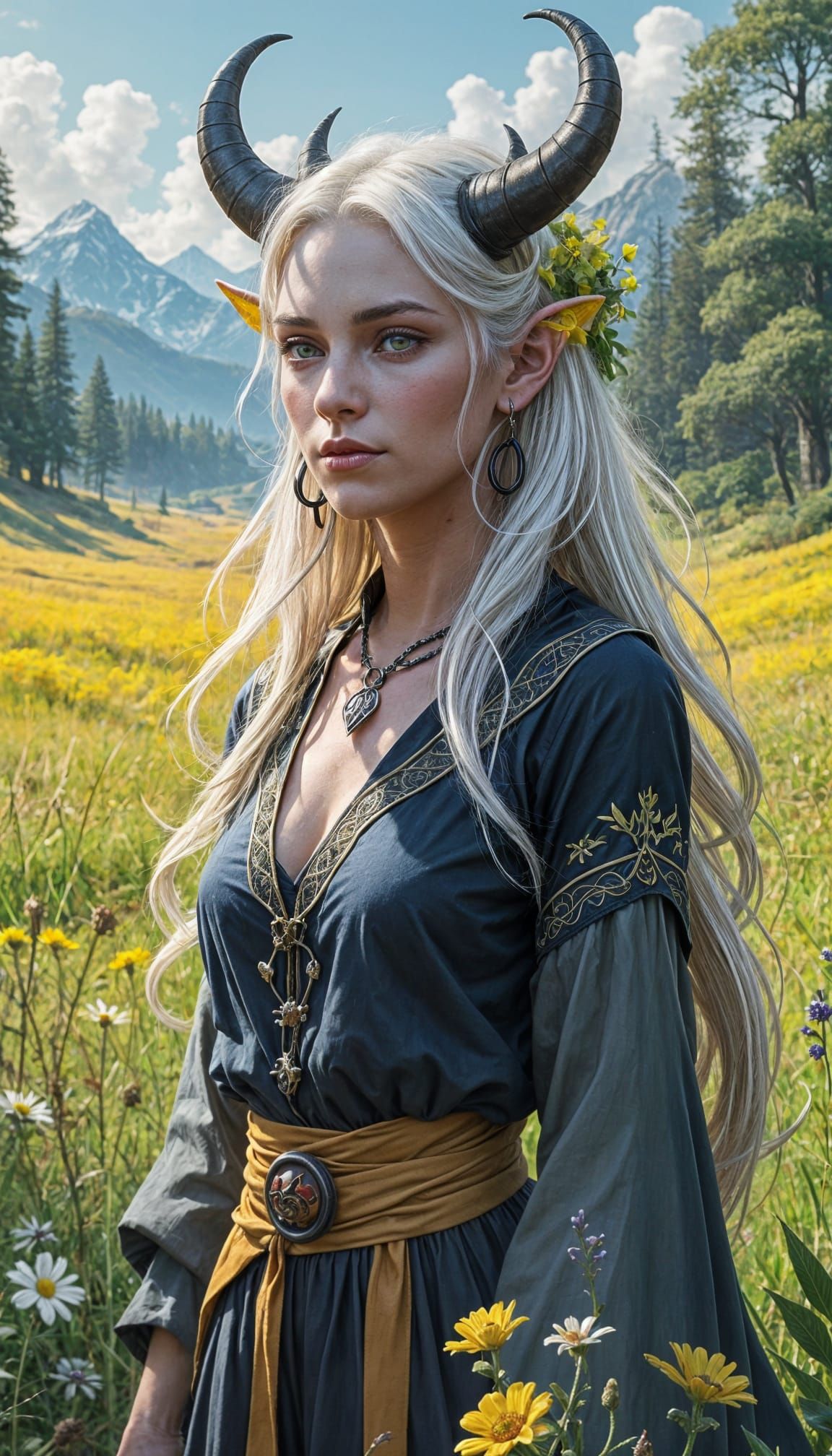 Tiefling Woman in Country Chic with White Hair and Yellow Ey...