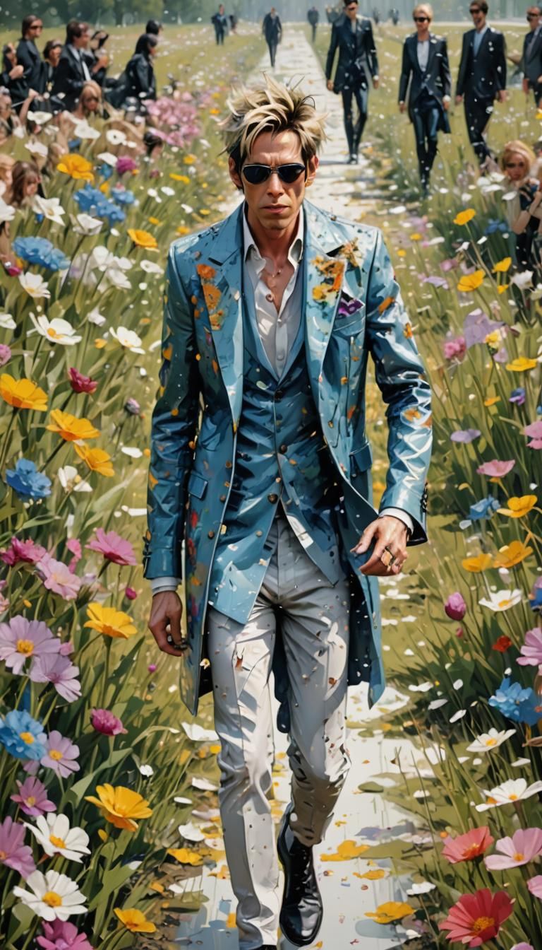 Fashion Model on Floral Runway in Manga Style