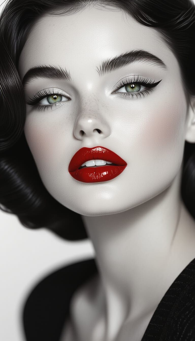 Glamorous Woman Portrait with Green Eyes and Red Lips