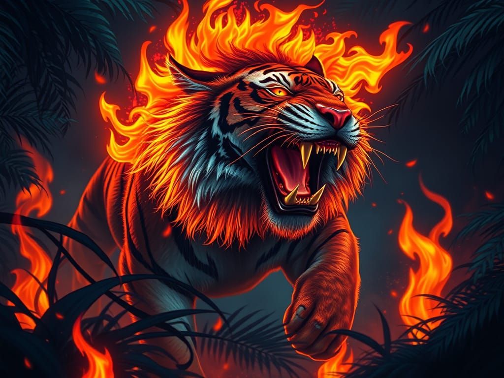 Flaming Tiger Roaring in Jungle, Fantasy Elemental Art
