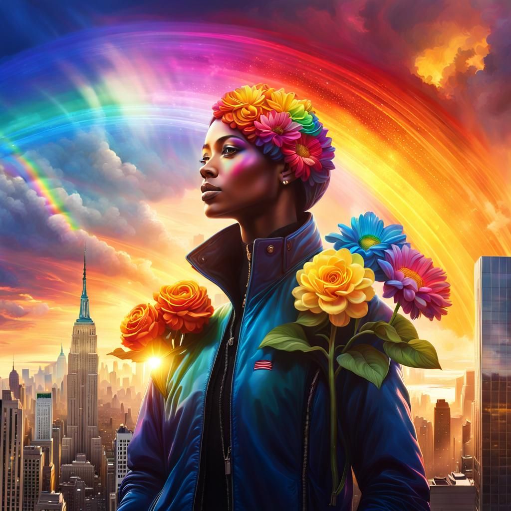 Rainbow City in Bloom: Hyperrealistic Digital Art