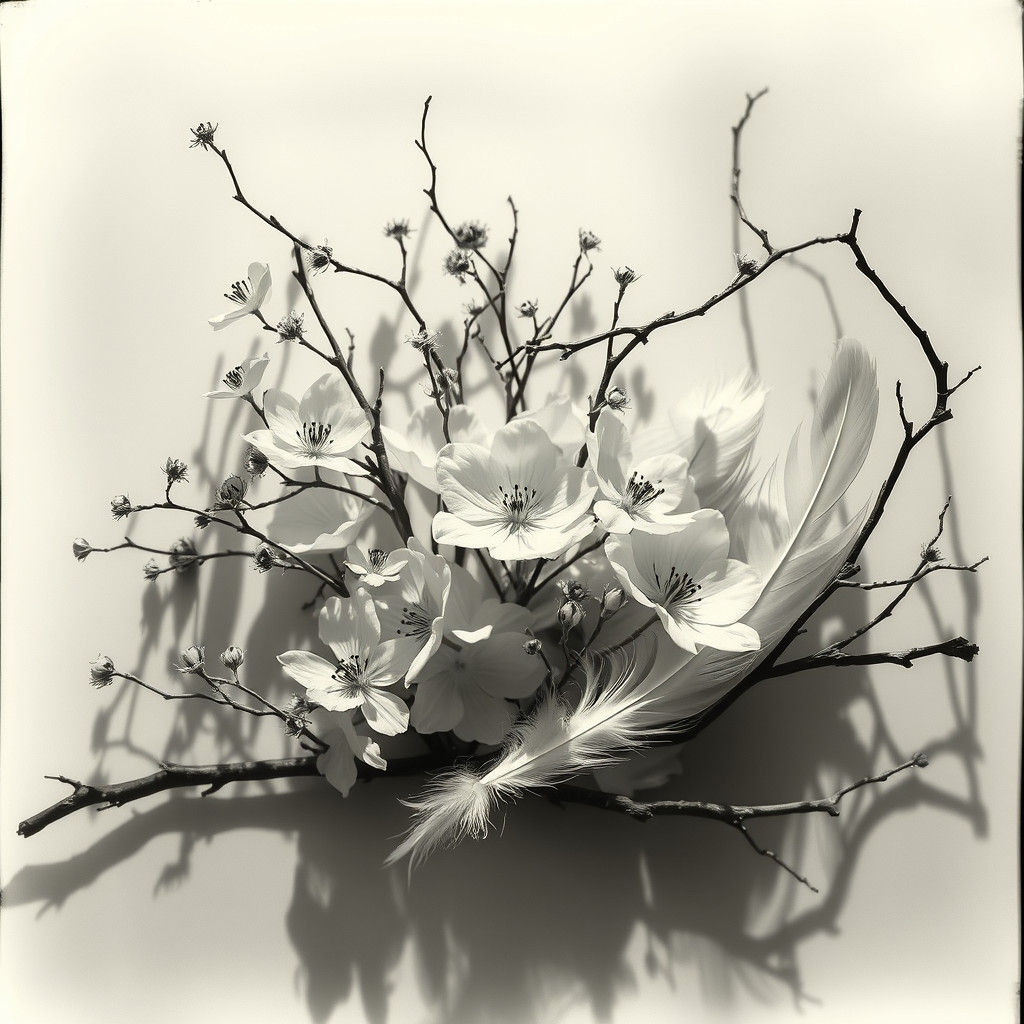 Black and White Photogram of Flowers and Feathers
