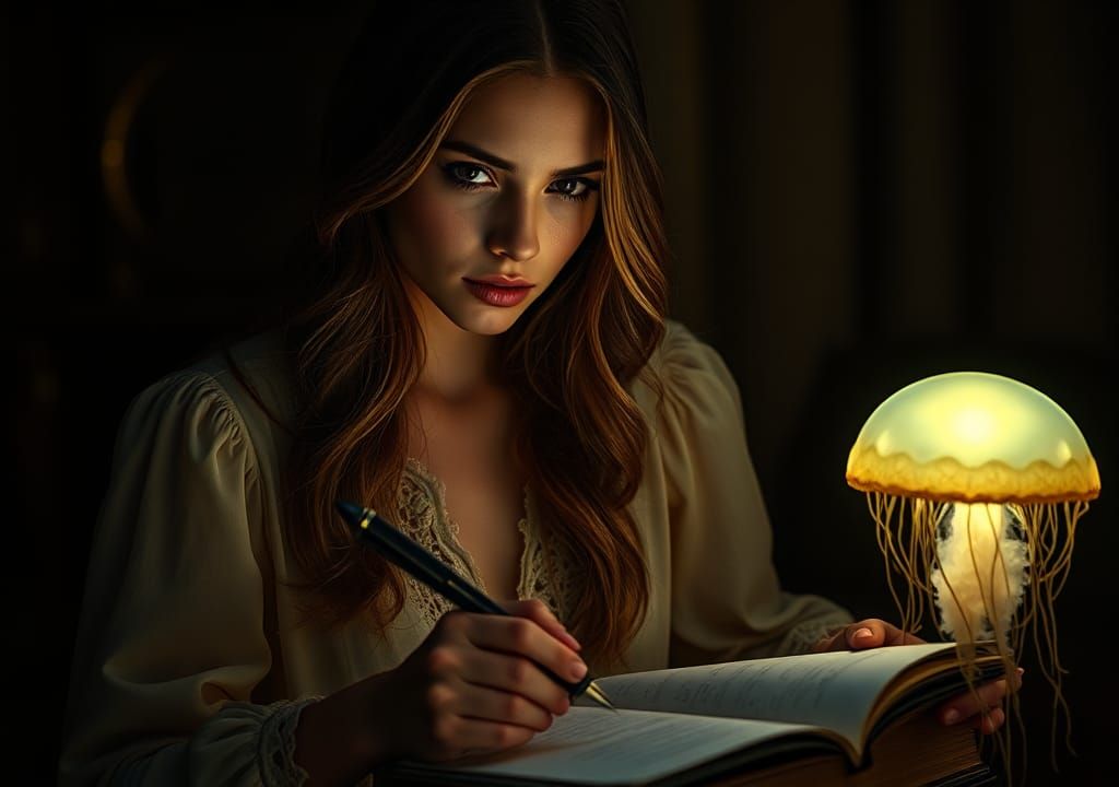 Woman Writing by Jellyfish Light: Ethereal Portrait